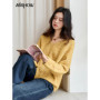 MISHOW Women Long Sleeve Tops 2025 Autumn Retro Yellow Sequins V-neck Sweater Knitted Comfortable Casual Pulllovers MXE47Z2572