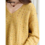 MISHOW Women Long Sleeve Tops 2025 Autumn Retro Yellow Sequins V-neck Sweater Knitted Comfortable Casual Pulllovers MXE47Z2572