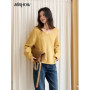 MISHOW Women Long Sleeve Tops 2025 Autumn Retro Yellow Sequins V-neck Sweater Knitted Comfortable Casual Pulllovers MXE47Z2572