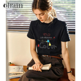 OLrain Black Graphic T-shirt Women Short Sleeve Summer Knit Tee Shirt 2026 Cotton Blend Casual Tshirt Female Clothing O57XT95506