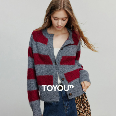 TOYOUTH Women Sweater 2025 Autumn New Color Contrasting Lulu Style Striped Cardigan Tops