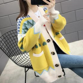 Spring Autumn Fashion V-neck Long Sleeve Color Blocking Embroidered Sweaters Women's Clothing Sweet Loose Cardigan Button Tops