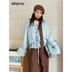 MISHOW Elegant Cardigan Women 2025 Autumn Design Hollow Knit Sweater V-neck Flared Sleeves Loose Casual Sweater MXE47Z2513