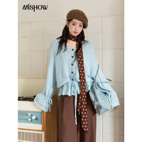 MISHOW Elegant Cardigan Women 2025 Autumn Design Hollow Knit Sweater V-neck Flared Sleeves Loose Casual Sweater MXE47Z2513