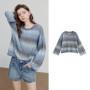 TOYOUTH Women Knitted Shirt 2025 Autumn New Round Neck Gradient Mohair Lightweight Woolen Pullover Tops