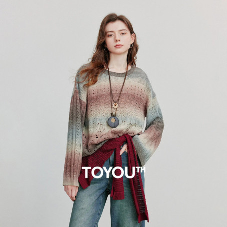 TOYOUTH Women Knitted Shirt 2025 Autumn New Round Neck Gradient Mohair Lightweight Woolen Pullover Tops