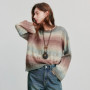 TOYOUTH Women Knitted Shirt 2025 Autumn New Round Neck Gradient Mohair Lightweight Woolen Pullover Tops