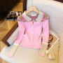 ​​Elegant Pink Blazer Style Knit Top Soft Fitted Cardigan Contrast Collar Versatile Chic Office Wear for Early Fall 2025​​