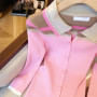 ​​Elegant Pink Blazer Style Knit Top Soft Fitted Cardigan Contrast Collar Versatile Chic Office Wear for Early Fall 2025​​