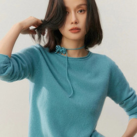 Autumn/Winter Women's 100 Cashmere Pullover Casual Solid Knitted Sweater Loose Curled Edge Round Neck Tops Warm Jumper Belt