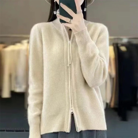 Autumn And Winter New Temperament Double Zipper Wool Knit Cardigan Women's Solid Color Long-Sleeved Sweater Thickened Loose Top