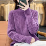 100 Merino Wool Women's Mock Neck Korean Padded Women's Clothes Fall/Winter Fashion Jacquard Long-sleeved Pullover