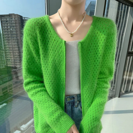 2025 Autumn New 100 Pure Mink Cashmere Zipper Cardigan Women's O-Neck Jacquard Hollow Knitted Jacket Fashion Loose Joker Coat