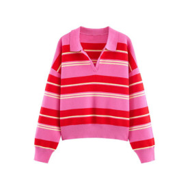 Fashion Contrast Striped Polo Sweater For Women 2026 Spring New Long Sleeve Casual Knitted Pullover Lady Y2K Chic Street Jumper
