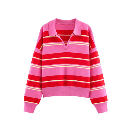 Fashion Contrast Striped Polo Sweater For Women 2026 Spring New Long Sleeve Casual Knitted Pullover Lady Y2K Chic Street Jumper
