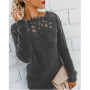 2025 Winter Women's Plush Top Lace Spliced Long Sleeve Warm Sweater Fashion Simple Pullover for Female