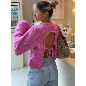 Women's Pink Lace-up Backless Knitted Sweater Cozy Long Sleeve Large Size Pull Knitwears Loose Pullovers Top White Fall 2025 New