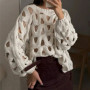 Sexy Hollow Out Long Sleeved Knitted Sweater Summer Beach O-neck Crochet Pullover Casual Solid Color Women's Loose Top Blouses