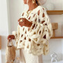 Sexy Hollow Out Long Sleeved Knitted Sweater Summer Beach O-neck Crochet Pullover Casual Solid Color Women's Loose Top Blouses