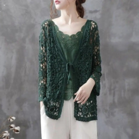 Elegant Summer Hollow Lace Cardigan Sweater Women Wide Loose Floral Knitted Sweater Thin Section Female Spring Autumn Cardigan