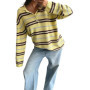Womens Fall Patchwork Winter Knit Tops Loose Fit Casual Stylish Striped Ribbed Trim Long Sleeve Collared Sweater