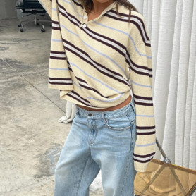 Womens Fall Patchwork Winter Knit Tops Loose Fit Casual Stylish Striped Ribbed Trim Long Sleeve Collared Sweater