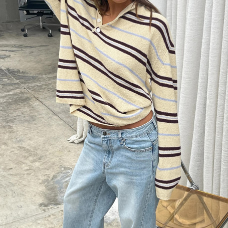 Womens Fall Patchwork Winter Knit Tops Loose Fit Casual Stylish Striped Ribbed Trim Long Sleeve Collared Sweater