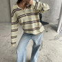 Womens Fall Patchwork Winter Knit Tops Loose Fit Casual Stylish Striped Ribbed Trim Long Sleeve Collared Sweater