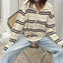 Womens Fall Patchwork Winter Knit Tops Loose Fit Casual Stylish Striped Ribbed Trim Long Sleeve Collared Sweater