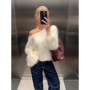 Fashion Solid Off Shoulder Mohair Pullover Women Plush Full Sleeve Loose Short Knitted Sweater Lady Autumn Daily Street Knitwear