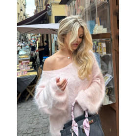Fashion Solid Off Shoulder Mohair Pullover Women Plush Full Sleeve Loose Short Knitted Sweater Lady Autumn Daily Street Knitwear