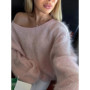 Fashion Solid Off Shoulder Mohair Pullover Women Plush Full Sleeve Loose Short Knitted Sweater Lady Autumn Daily Street Knitwear