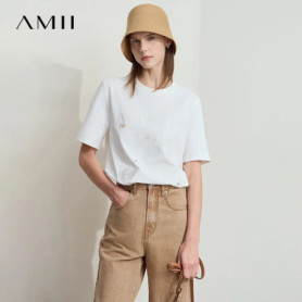 AMII Casual Versatile T-shirt Loose Letter Embroidery 2025 Summer Office Lady Knit Cotton Comfort Tee Top Women Clothes 12552073