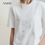 AMII Casual Versatile T-shirt Loose Letter Embroidery 2025 Summer Office Lady Knit Cotton Comfort Tee Top Women Clothes 12552073