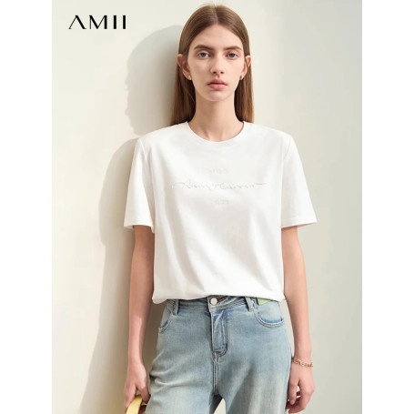 Amii Minimalism 2024 T-shirts For Women Summer New Casual Basics Short Sleeve O-Neck Letters Embroidery Straight Tees 12422051