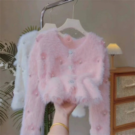 Korean Fashion Pink Knitted Cardigan Women's Autumn Winter Clothes Women New Style Mink Soft Sweater Jacket Oversized Cardigan