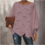 Women's Sweater 2022 Autumn Winter Elegant Hollow Out Loose Knitted Ladies Pullovers Casual Crew Neck Solid Lantern Sleeve Tops