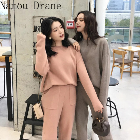 2023 Winter Knitted 2 Pieces Set Tracksuits Women Thick Warm O-neck Loose Sweater+Ankle-Length Pants Warm Cashmere Suit