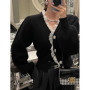 Vintage Red Knitted Cardigan Women Cropped Lace Black Sweater Outerwears Elegant Korean V Neck Knitwears Winter Design Jumpers