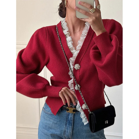 Vintage Red Knitted Cardigan Women Cropped Lace Black Sweater Outerwears Elegant Korean V Neck Knitwears Winter Design Jumpers