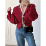 Vintage Red Knitted Cardigan Women Cropped Lace Black Sweater Outerwears Elegant Korean V Neck Knitwears Winter Design Jumpers