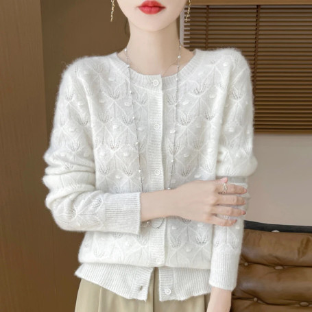 100 Merino Pure Wool Cardigan Women's AutumnWinter Long Sleeved Solid Color Jacquard Hollow Loose Warm And Knitted Jacket Top