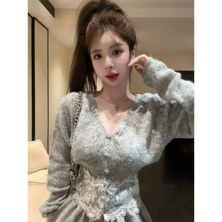 Cropped Lace Knitted Cardigan Women Elegant V Neck Sweater Outerwears Vintage Knitwears Winter Long Sleeve Slim Jumpers