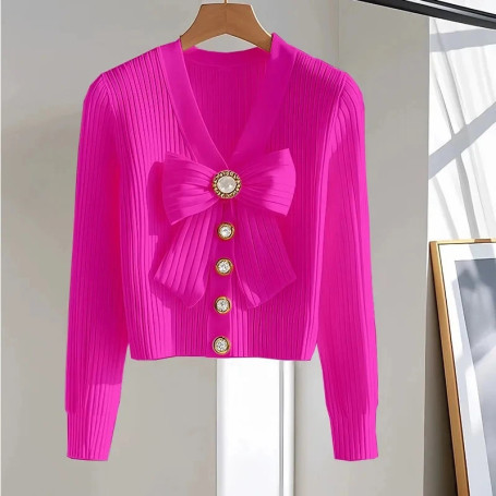 White V-neck Bow Long-sleeved Knitted Sweater Pullover Women's Clothing New Korean Spring Autumn Female Blouse Knit Jumper Tops