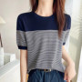 Women's T-Shirt Summer 100 Cotton Sweater Short Sleeve Striped Knitted Round Neck Ladies Tops Loose Blouse Pullover Tees