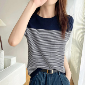 Women's T-Shirt Summer 100 Cotton Sweater Short Sleeve Striped Knitted Round Neck Ladies Tops Loose Blouse Pullover Tees