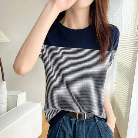Women's T-Shirt Summer 100 Cotton Sweater Short Sleeve Striped Knitted Round Neck Ladies Tops Loose Blouse Pullover Tees