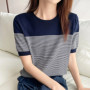 Women's T-Shirt Summer 100 Cotton Sweater Short Sleeve Striped Knitted Round Neck Ladies Tops Loose Blouse Pullover Tees