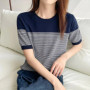 Women's T-Shirt Summer 100 Cotton Sweater Short Sleeve Striped Knitted Round Neck Ladies Tops Loose Blouse Pullover Tees