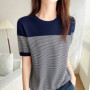 Women's T-Shirt Summer 100 Cotton Sweater Short Sleeve Striped Knitted Round Neck Ladies Tops Loose Blouse Pullover Tees